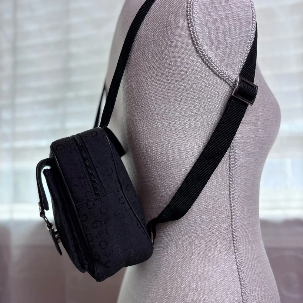 Guess Black Monogram Canvas Crossbody w/Silvertone Logo Buckle
